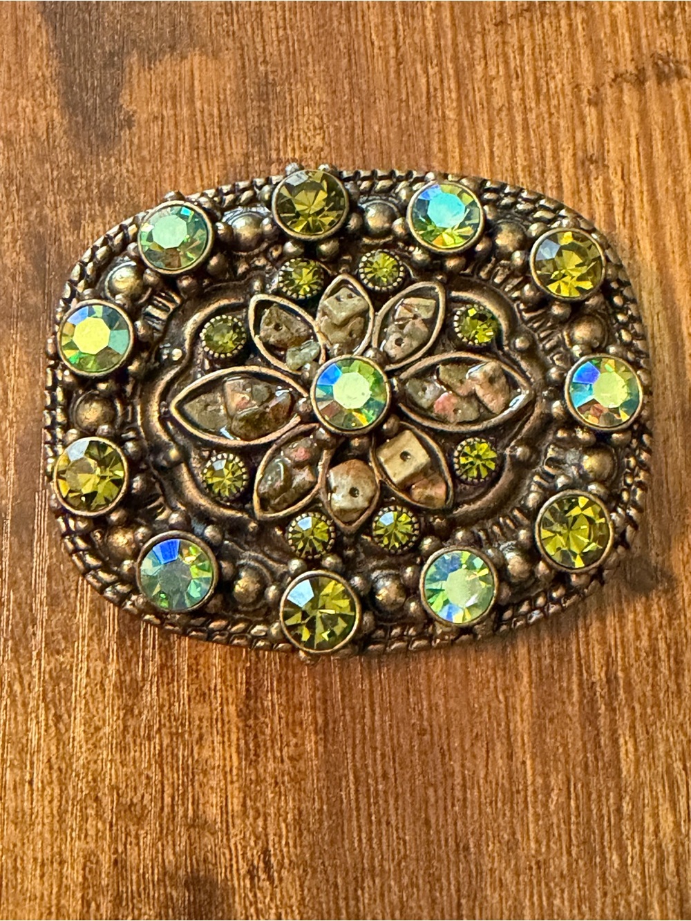 Western Belt Buckle Green AB Rhinestone Crystal Stone Chip Floral Boho Cowgirl